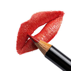 Close-up of a perfect red lip with a lip pencil highlighting the edges and adding definition at a beauty studio