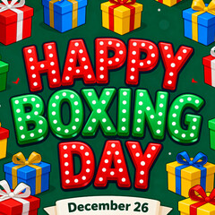 Festive happy boxing day greeting with colorful gift boxes and illuminated marquee letters