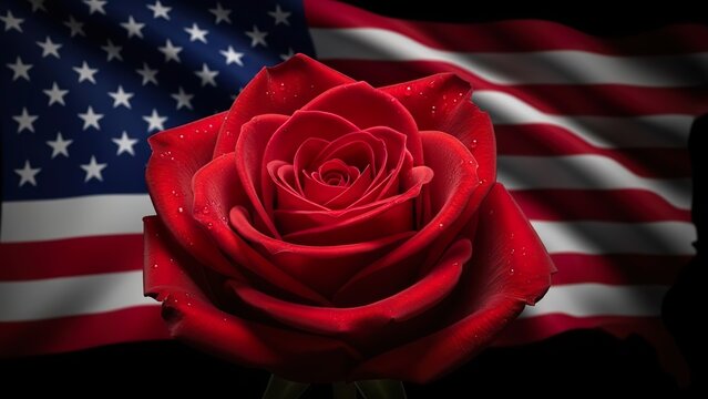 A vibrant red rose glistens with water droplets in front of the waving American flag on a dark background.