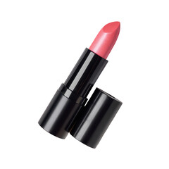 Bright pink lipstick in sleek black tube ready for application at a beauty counter