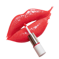 Bright red lips enhanced with glossy lip color in a beauty application scene