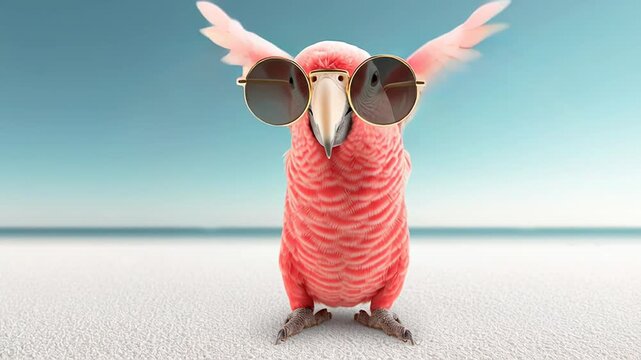 Humorous pink parrot wearing stylish sunglasses dances gleefully on the soft white sand of a tropical beach, joyfully flapping its wings while soaking up the summer vibes