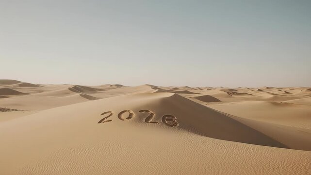 Desert Landscape with 2026 Inscription on Sand Dunes Under Clear Sky.