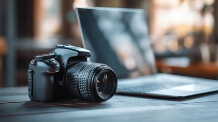 A digital camera rests on a wooden table beside an open laptop creating an inviting atmosphere for photography enthusiasts and content creators at work.
