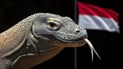 Obraz premium Close-up of a fearsome Komodo dragon with its tongue extended, set against the Indonesian flag background.