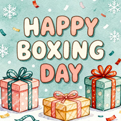 Festive watercolor illustration of happy boxing day with colorful gift boxes and snowflakes