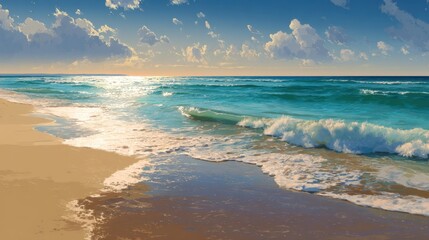 Obraz premium Soft waves gently crash on a sandy beach as the sun sets on the horizon. The clear blue sky is dotted with fluffy white clouds creating a serene atmosphere.