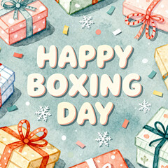 Festive happy boxing day greeting with beautifully wrapped gift boxes and scattered confetti on a textured background