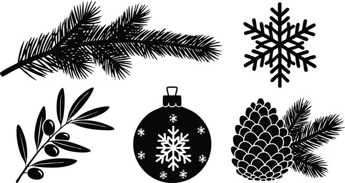 Monochrome vector art set with pine branch olive twig snowflake ornament and pinecone arranged separately for christmas and winter decoration design in minimalist silhouette style