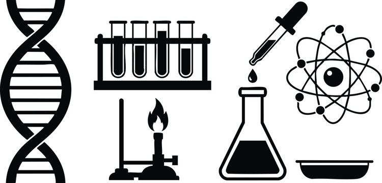 Monochrome vector art of dna helix with test tubes burner flask dropper atom symbol and petri dish arranged in horizontal science laboratory composition