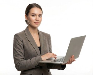 Professional young businesswoman in a stylish blazer holding and typing on a modern laptop computer