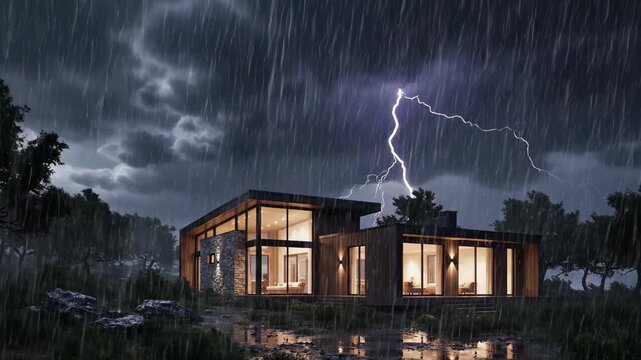 Modern home stands strong against the rain, offering shelter, safety, and peace of mind during a storm - a beautiful, cozy, and secure haven
