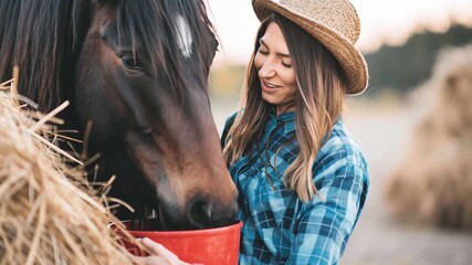 Smiling young woman farmer gently feeding her lovely brown horse from a vibrant red bucket, capturing a heartwarming moment of tenderness and connection on a picturesque countryside farm - Powered by Adobe