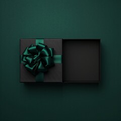 A black gift box with a dark green ribbon and bow, partially open on a deep green background, viewed from above.