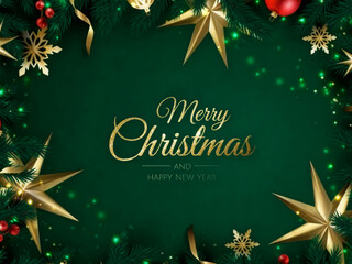 Golden merry christmas text with festive star ornaments and sparkling lights on a dark green background