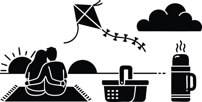 Flat design sunset picnic vector art with couple cuddling on blanket flying kite near basket thermos cloud and minimal horizon landscape romance mood