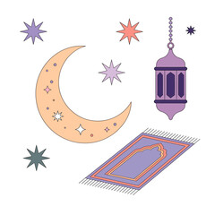 Ramadan and eid celebration symbols flat illustration with moon