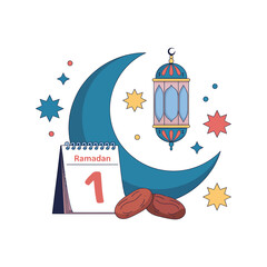 Ramadan first day with crescent moon, fanoos, dates, calendar