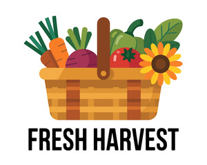 Fresh harvest basket of colorful organic vegetables and sunflower.