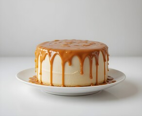 Salt caramel cake with simple white background.