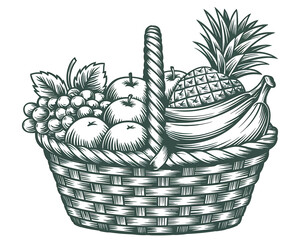 Engraved style fruit basket with grapes, apples, bananas, pineapple