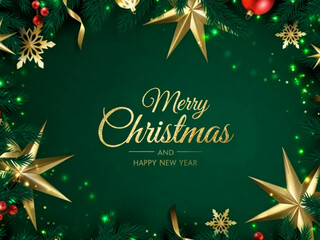 Elegant merry christmas and happy new year greeting with golden stars and festive lights on dark green background