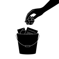 Hand dropping crumpled paper into a full trash can illustration