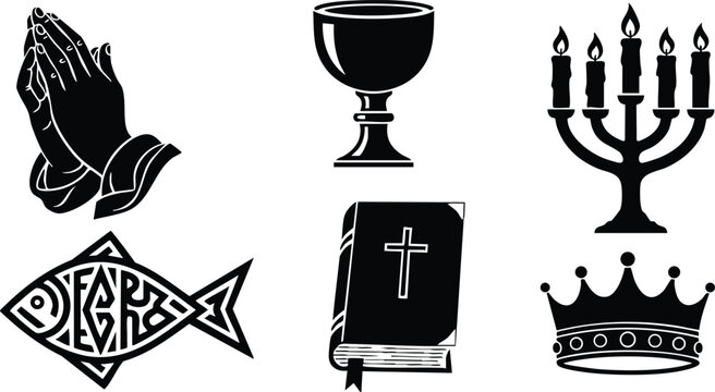 Flat black vector art of praying hands chalice menorah fish bible and crown christian symbols arranged in two rows on white with simple bold silhouette style shading