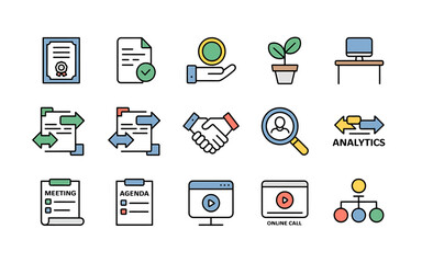 Essential business management and office tasks outline icon set