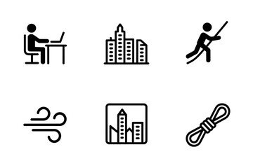 Vector line icon set for themes of work, city, challenge, wind, utility.