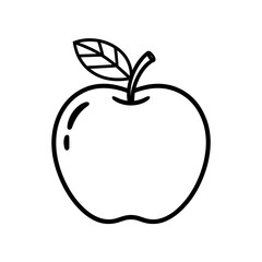Apple fruit outline, simple black line drawing with leaf and stem.