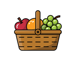 Fresh fruit basket with apple, orange, and green grapes vector.
