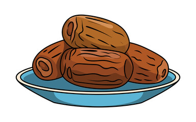 Delicious sweet dates on a blue dish, healthy snack cartoon art