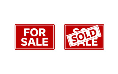 For sale and sold red signs for property and real estate deals