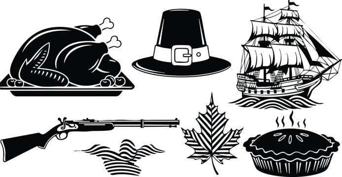 Black silhouette vector art of thanksgiving turkey platter pilgrim hat sailing ship rifle maple leaf waving flag and steaming pie icons in horizontal layout
