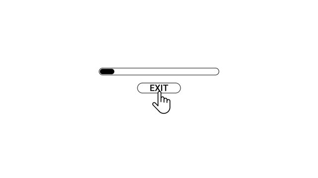 Progress bar with a hand cursor clicking a button labeled EXIT on a white background loading bar exit