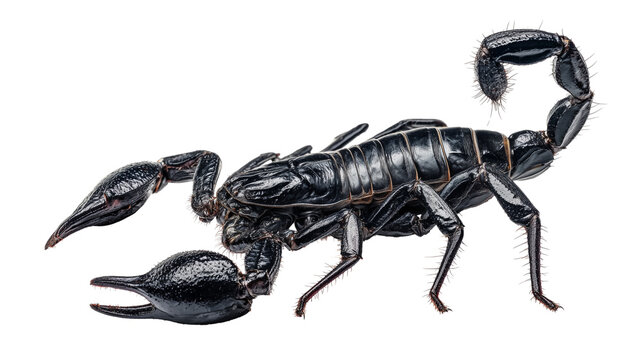 Large emperor scorpion with powerful pincers and venomous stinger isolated on a clean white background.