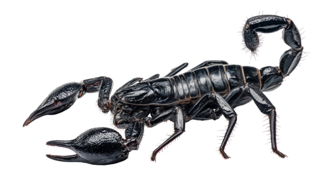 Large emperor scorpion with powerful pincers and venomous stinger isolated on a clean white background.