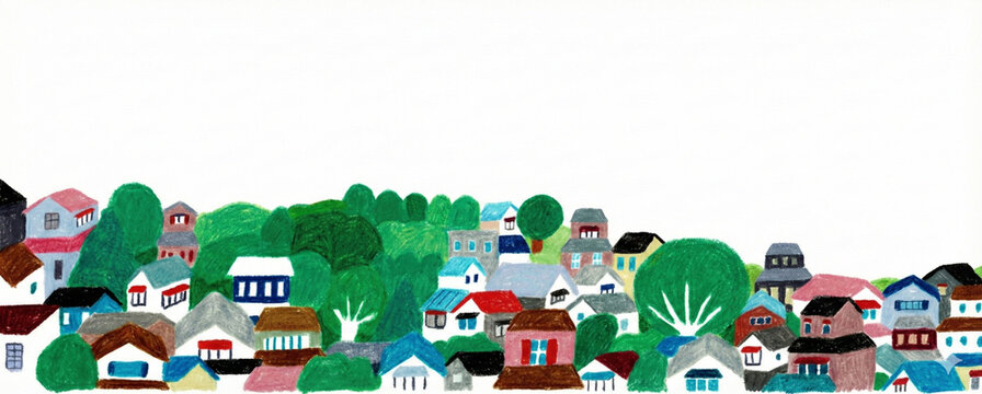 Hand drawn colorful townscape with cute houses and trees - Powered by Adobe