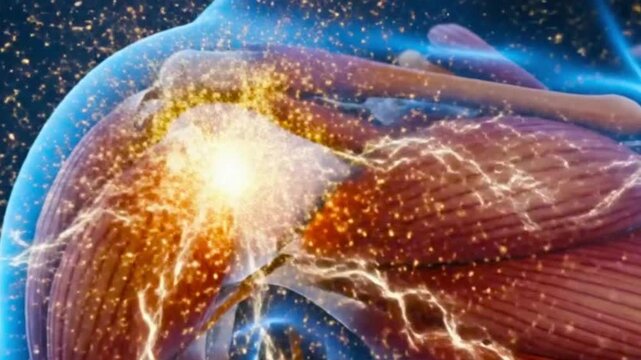 Anatomical rendering showcasing shoulder muscles with bright light effect and blue translucent overlay