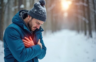 Young man experiences sharp chest pain. Stands in cold, snowy winter forest. Health emergency might heart attack angina. Looks distressed, suffering outdoors on frosty day. Clutches chest, visibly