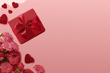 A red gift box hearts and pink flowers on a rosy background
