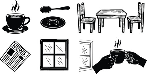 Hand drawn vector art coffee cup icons with saucer spoon wooden table chairs window frame newspaper and hands sharing hot drink in cozy breakfast mood