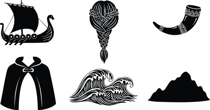 Monochrome vector art of viking longship braided hair cloak waves horn and hill arranged as bold nordic icons with simple flat silhouettes