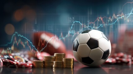 A soccer ball rests amidst poker chips and coins highlighting the thrilling connection between sports betting and finance surrounded by financial graphs suggestive of betting trends.