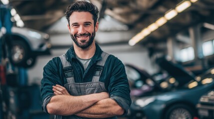 A skilled mechanic poses confidently in an active auto repair shop surrounded by vehicles and tools. He smiles warmly ready to help with car maintenance and repairs.