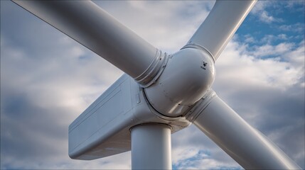 Close-up of a wind turbine against a cloudy blue sky.