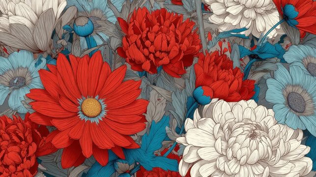 Bright colors fill the scene with large red daisies white chrysanthemums and blue accents. This floral arrangement vibrantly showcases nature's beauty and harmony.