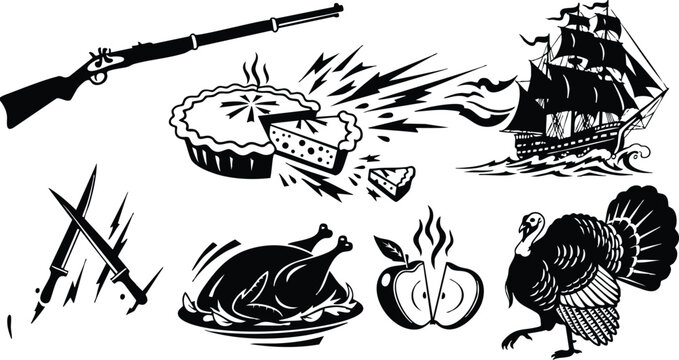 Vintage black and white vector art of thanksgiving symbols with rifle pie explosion turkey ship crossed bayonets roasted bird and steaming apple slices
