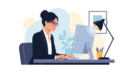 Professional business woman with glasses wearing a suit while working on a computer at her modern office desk workplace.